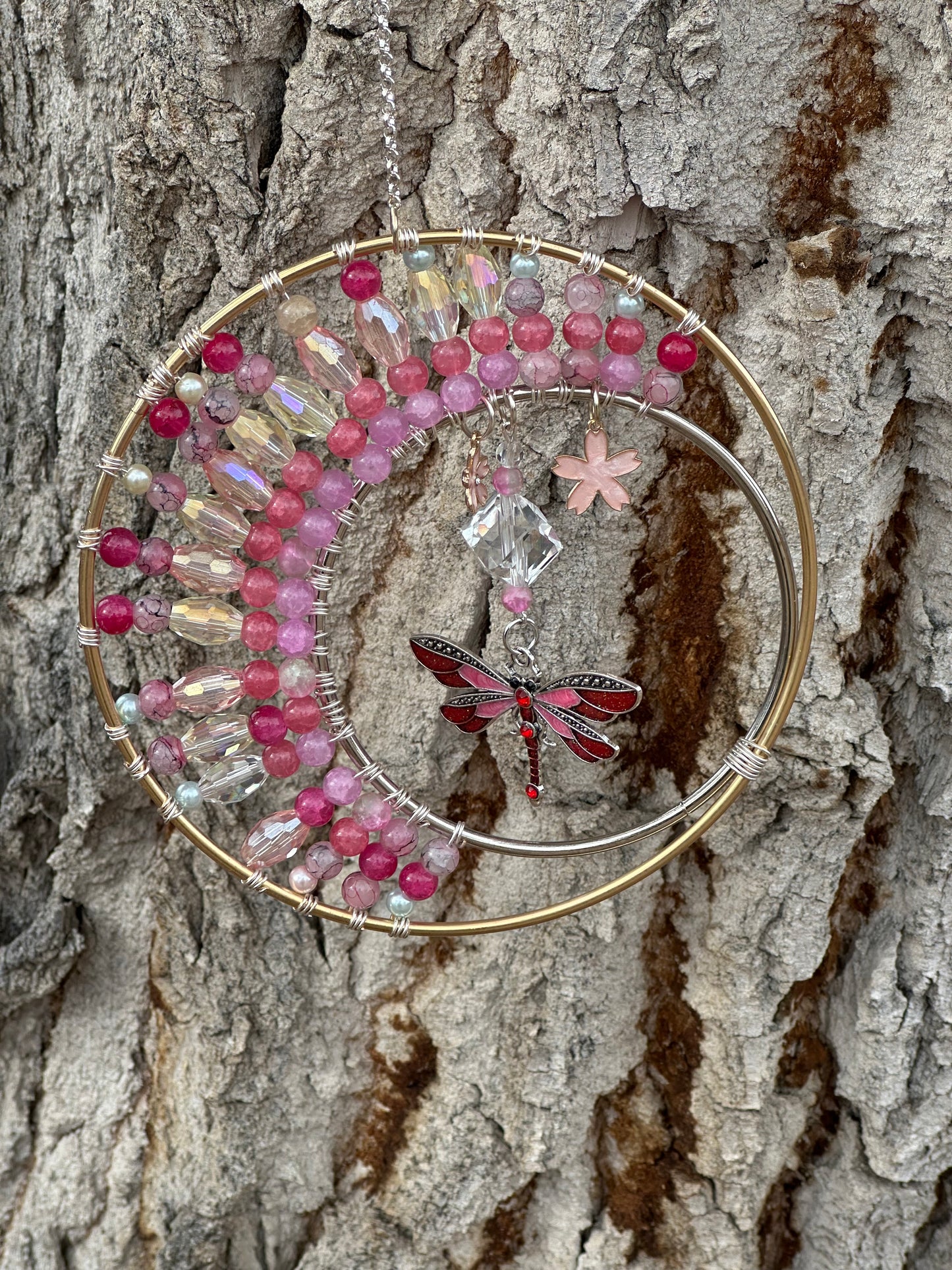 Pink Dragonfly Large Moon Crystal Suncatcher