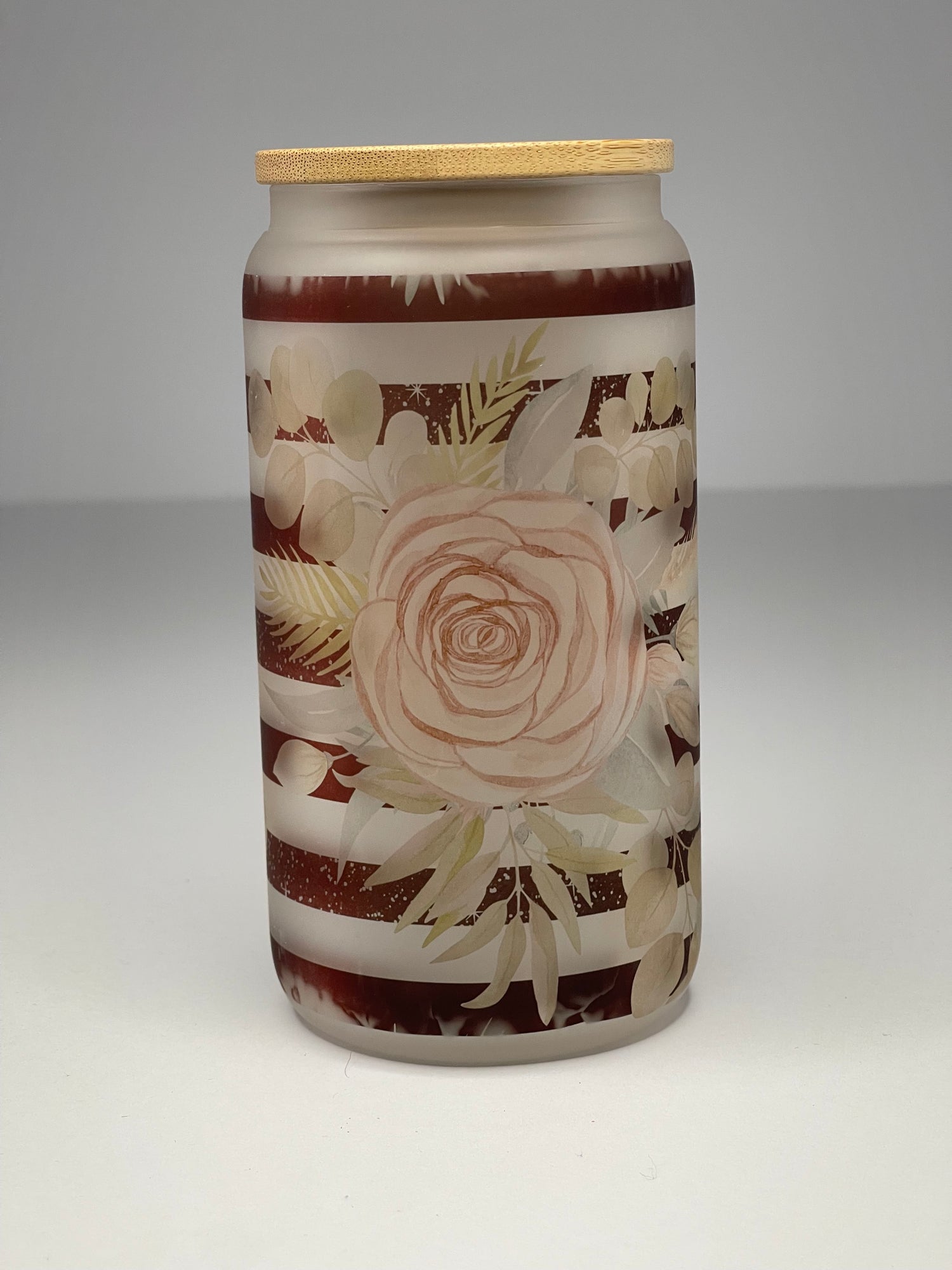 Rose (Peach) Glass Can/Libbey Glass 16oz Sublimated with Bamboo Lid an – G  Designs Co.